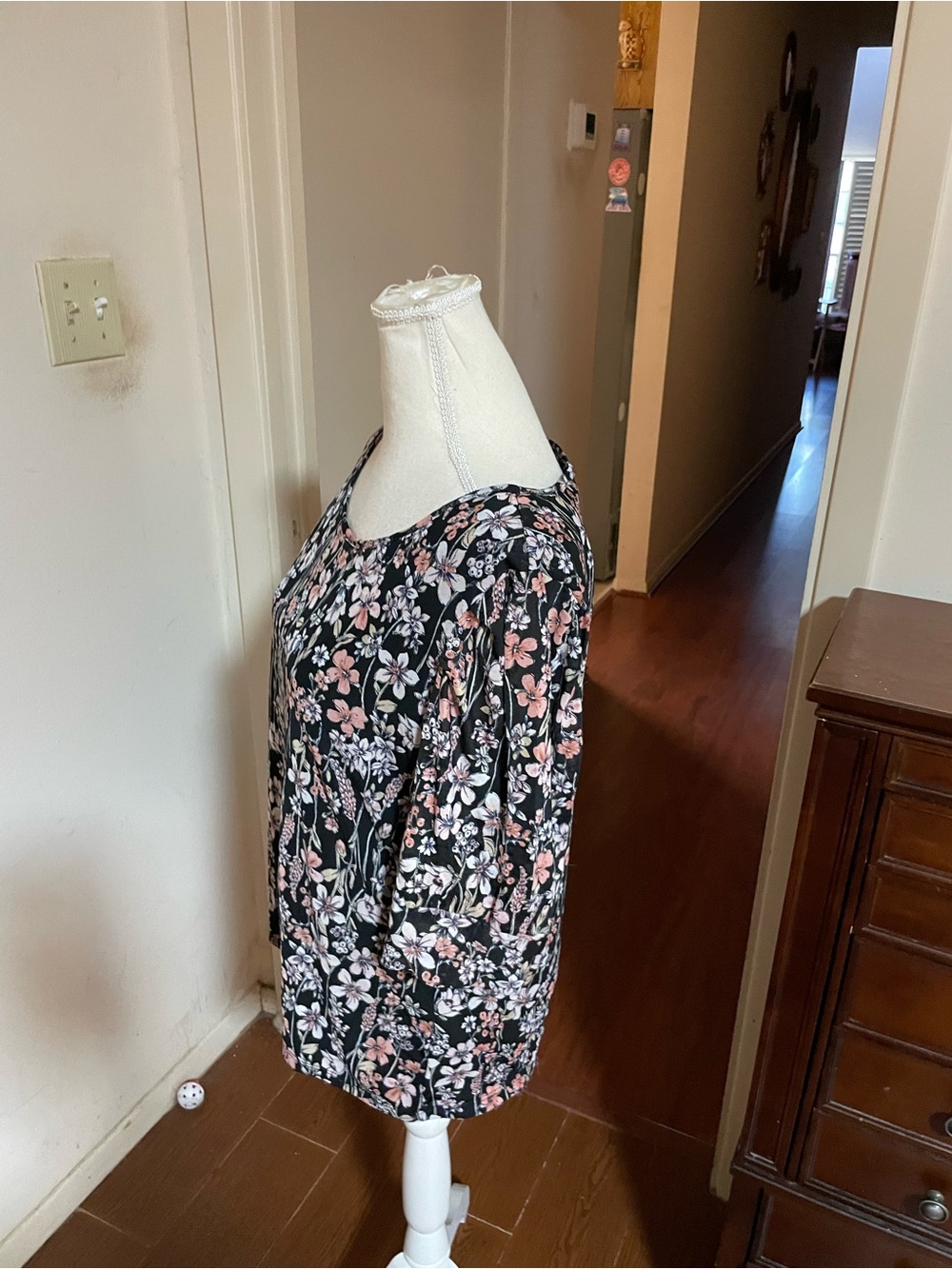 Tommy Hilfiger floral blouse scoop neck floral black pink quarter sleeve mesh XL - Picture 8 of 13
